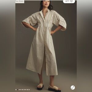 Anthropologie Mare Mare Cream Shirt Midi Dress Navy Green stripes sz XS Petite